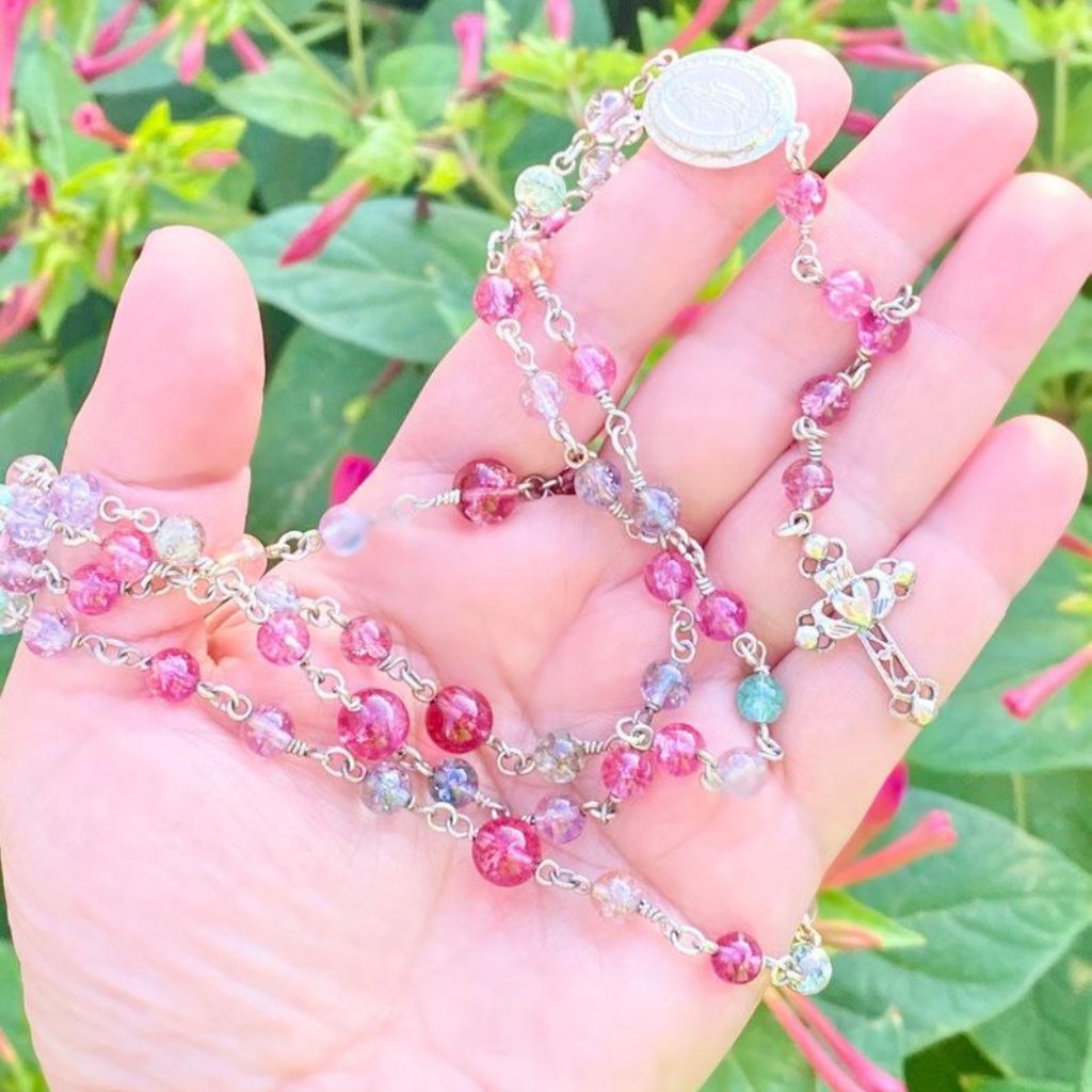 925ss Watermelon Tourmaline Beaded Rosary Necklace